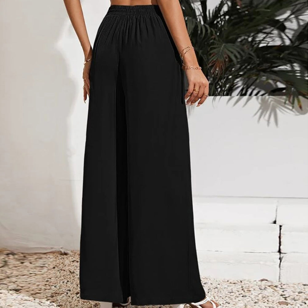 YESFASHION Solid Elastic Waist Loose Wide-leg Pants