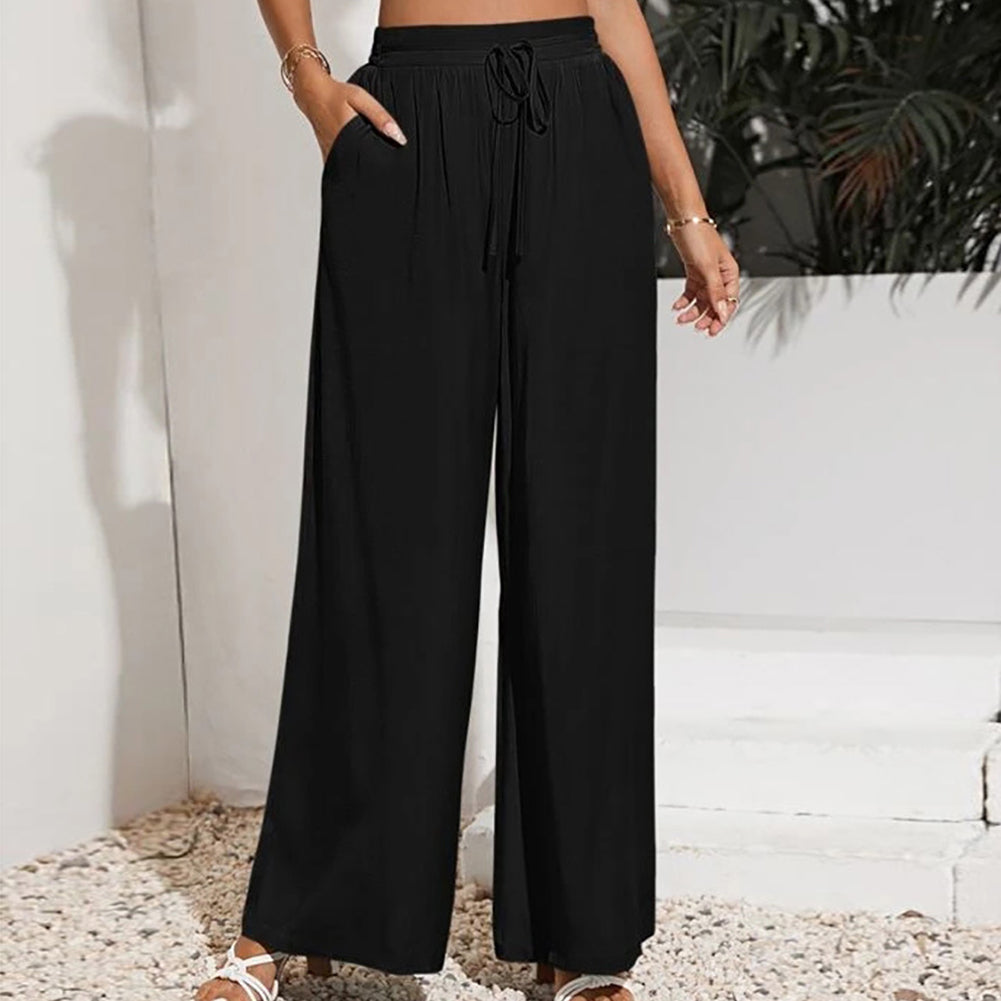 YESFASHION Solid Elastic Waist Loose Wide-leg Pants