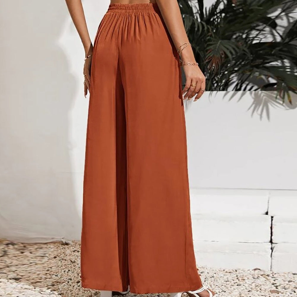 YESFASHION Solid Elastic Waist Loose Wide-leg Pants