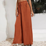 YESFASHION Solid Elastic Waist Loose Wide-leg Pants