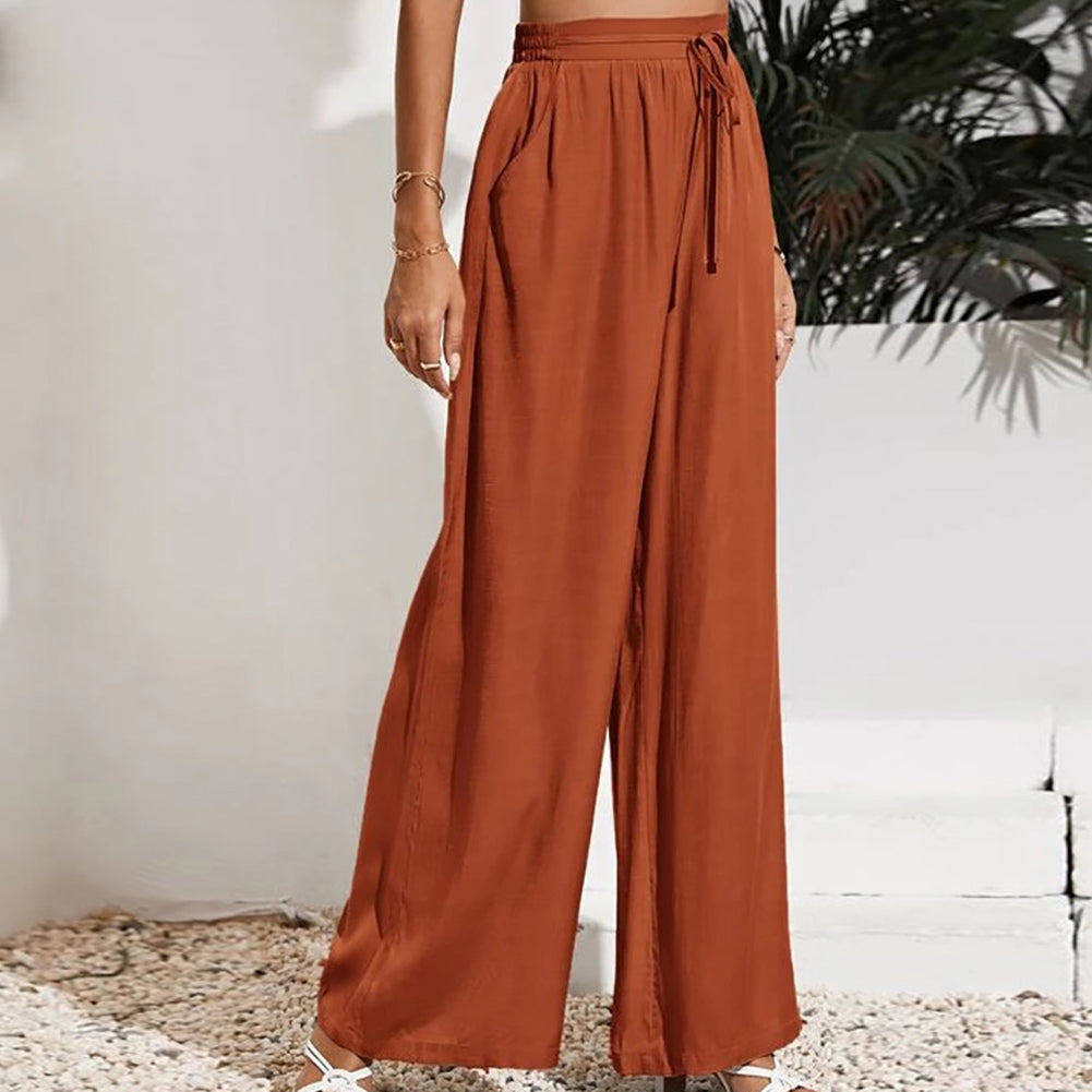 YESFASHION Solid Elastic Waist Loose Wide-leg Pants