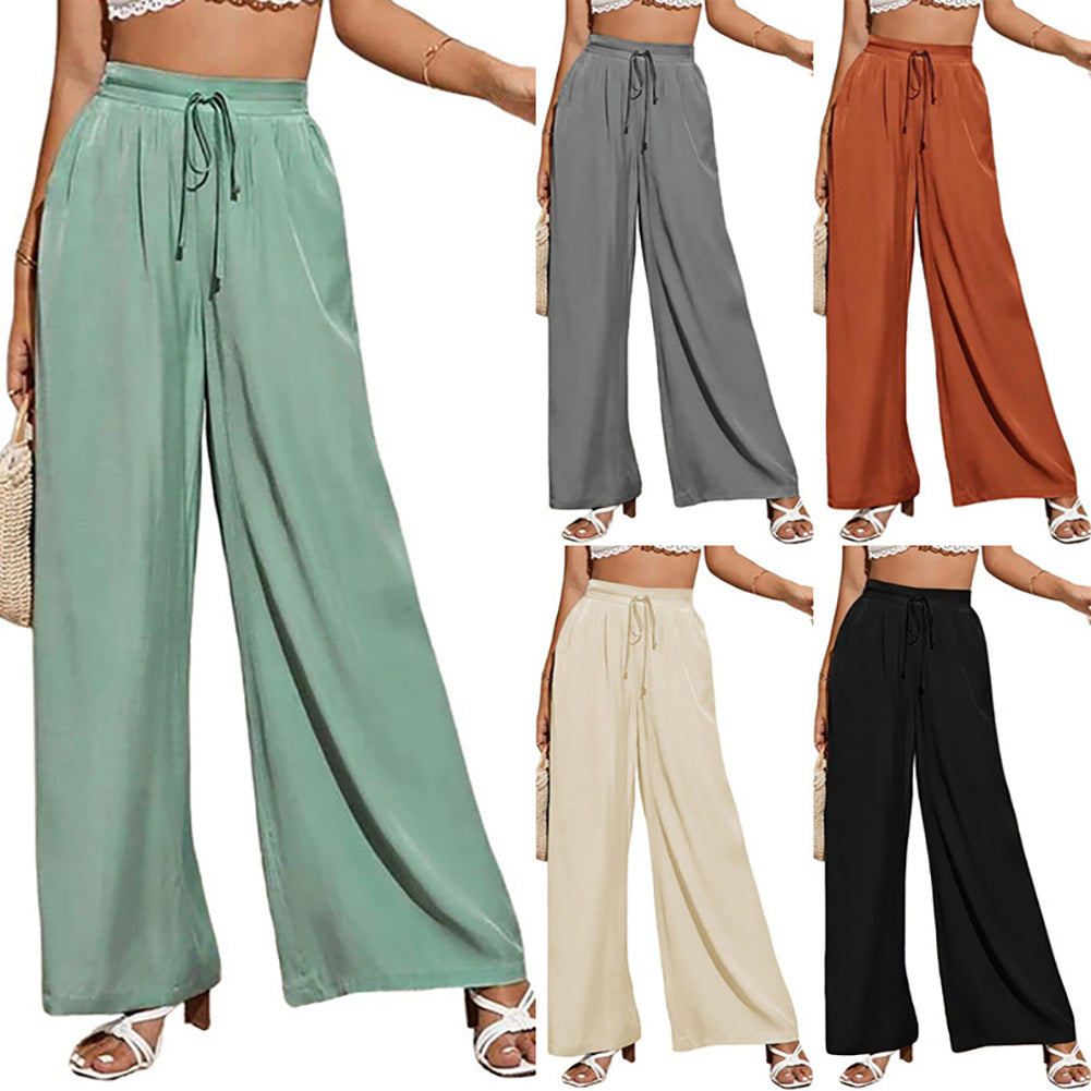 YESFASHION Solid Elastic Waist Loose Wide-leg Pants