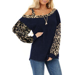 YESFASHION Loose Slash Neck Pullover Long Sleeve Tops Blue