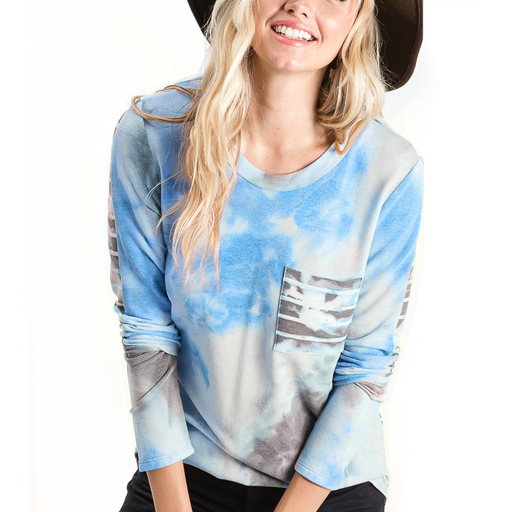 YESFASHION Striped Tie-dye Pocket Casual Loose Tops T-shirt