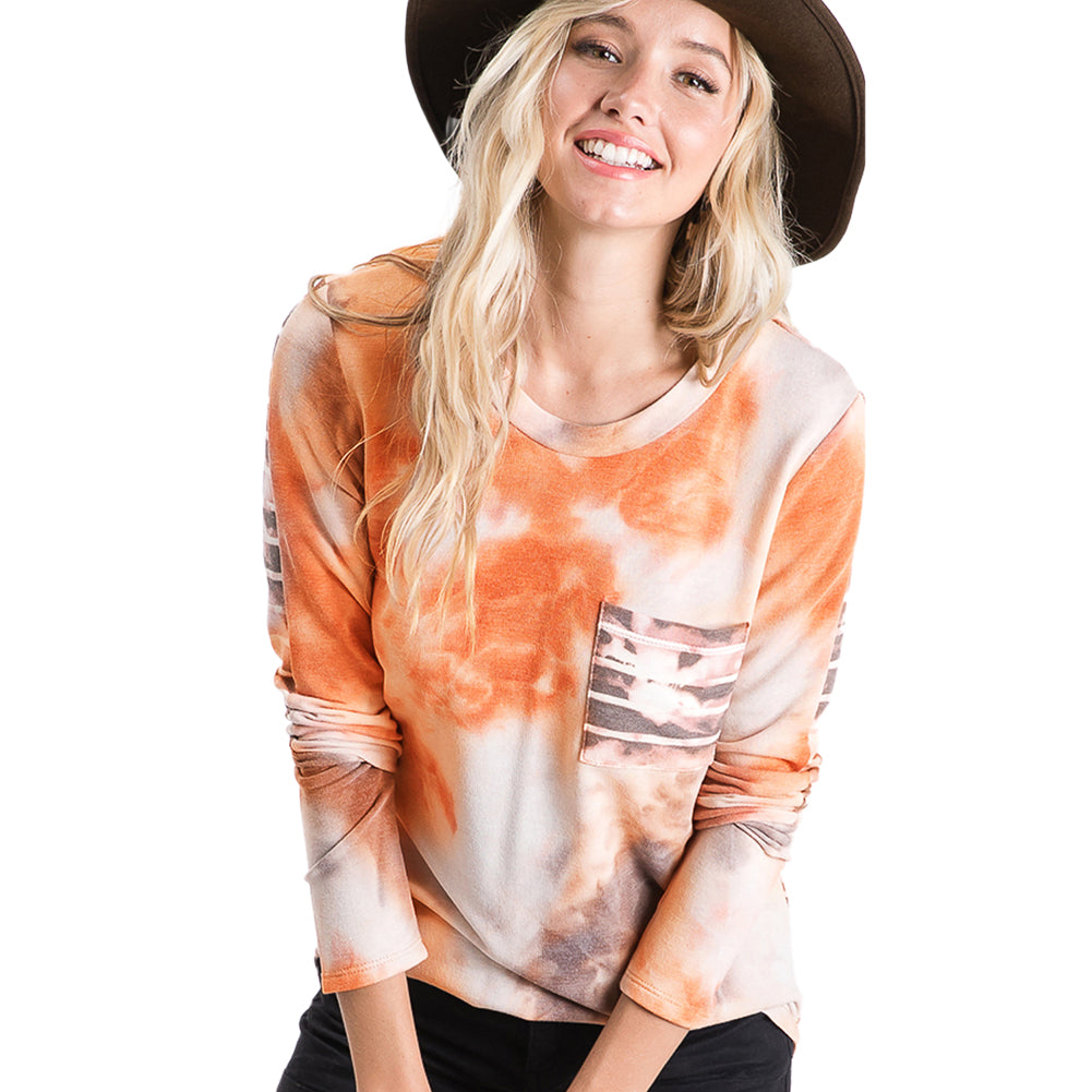 YESFASHION Striped Tie-dye Pocket Casual Loose Tops T-shirt