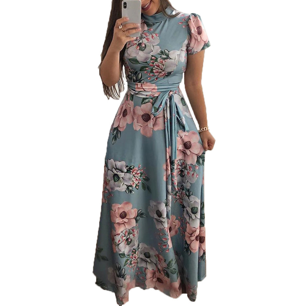 YESFASHION Flower Print Short Sleeve Swing Dress