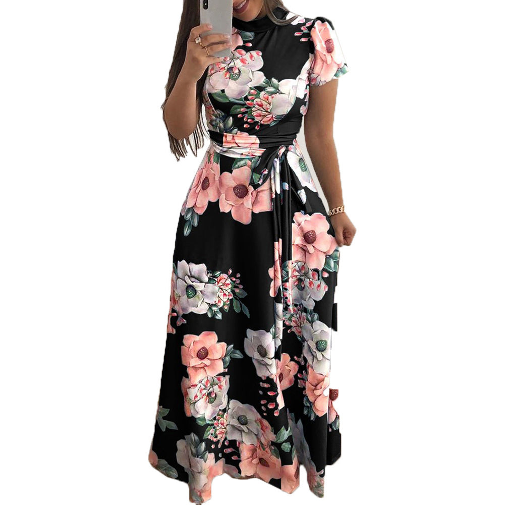 YESFASHION Flower Print Short Sleeve Swing Dress