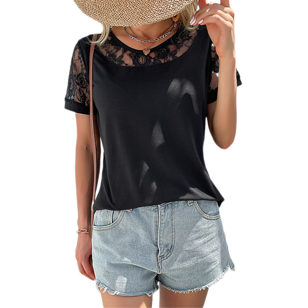YESFASHION Women Fashion Summer Black Short-sleeved Ladies Shirt