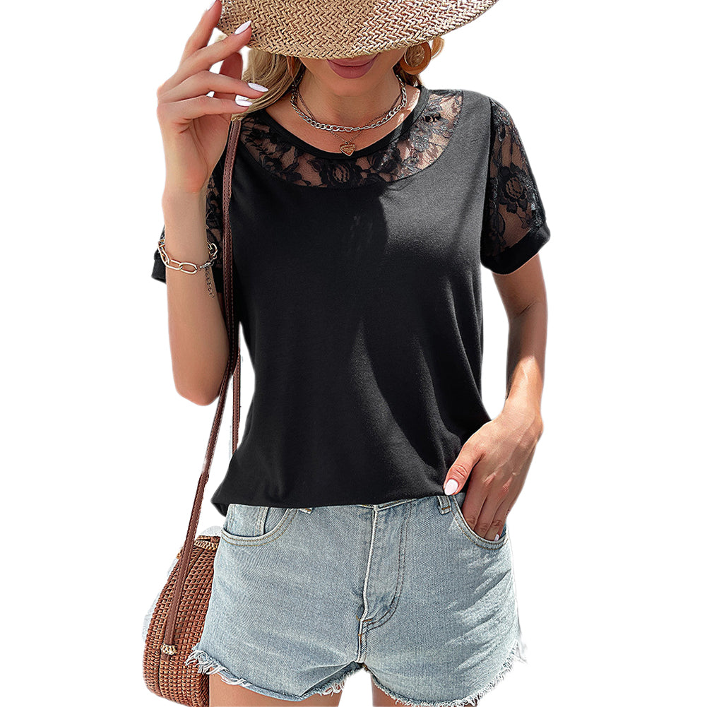 YESFASHION Women Fashion Summer Black Short-sleeved Ladies Shirt