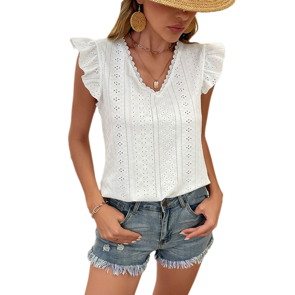 YESFASHION Fashion Tops Lace Short-sleeved White Shirt