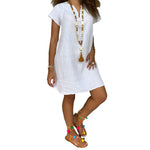 YESFASHION Solid Color Short-sleeved V-neck Cotton Dress