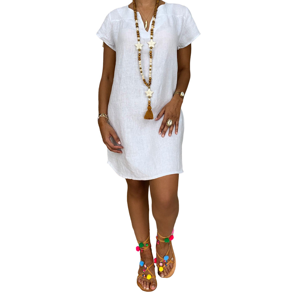 YESFASHION Solid Color Short-sleeved V-neck Cotton Dress