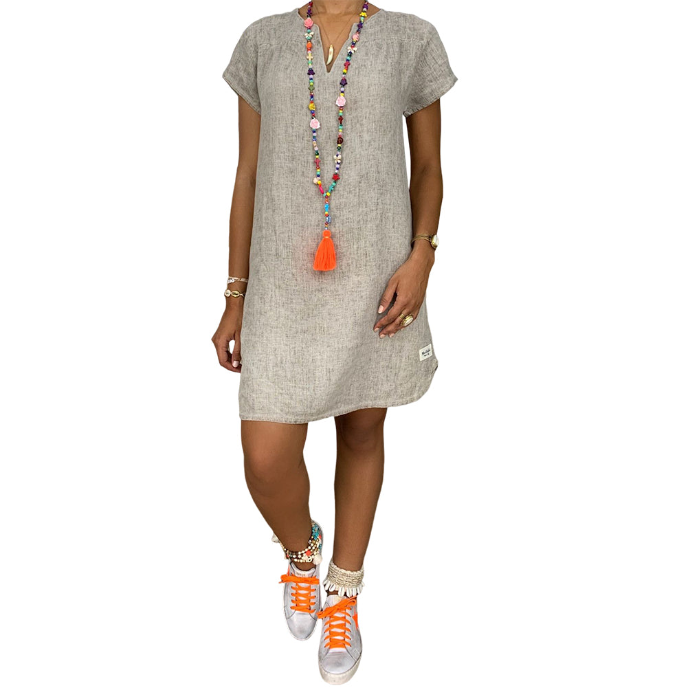 YESFASHION Solid Color Short-sleeved V-neck Cotton Dress