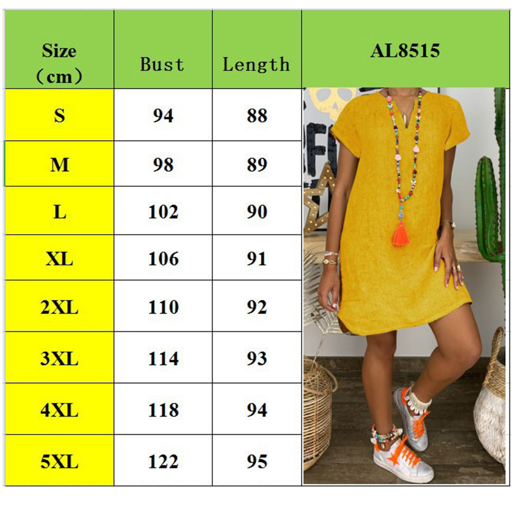 YESFASHION Solid Color Short-sleeved V-neck Cotton Dress