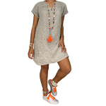 YESFASHION Solid Color Short-sleeved V-neck Cotton Dress