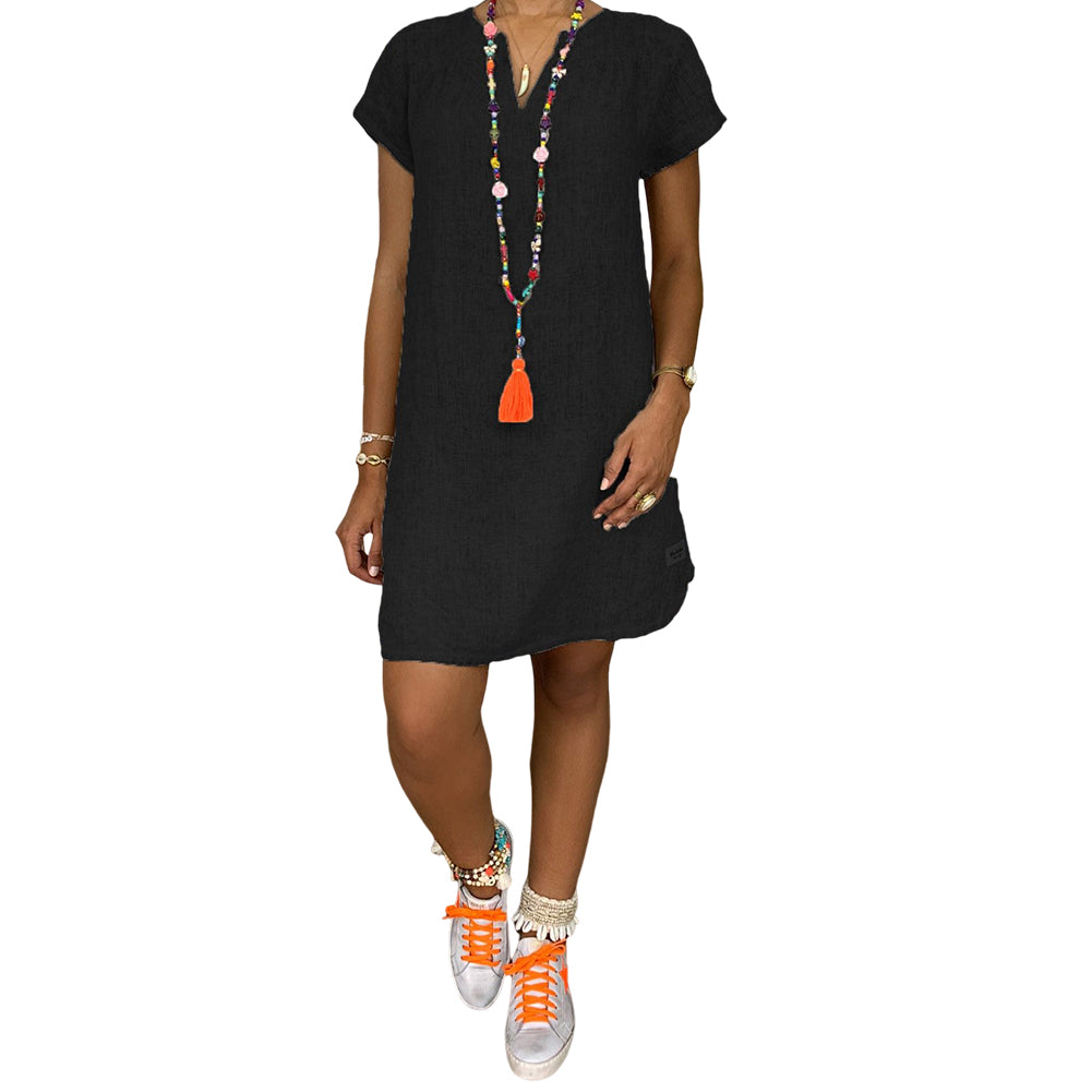 YESFASHION Solid Color Short-sleeved V-neck Cotton Dress