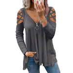 YESFASHION Solid Color V-neck Zipper Loose Tops T-shirt