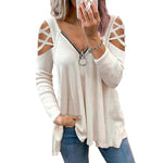 YESFASHION Solid Color V-neck Zipper Loose Tops T-shirt