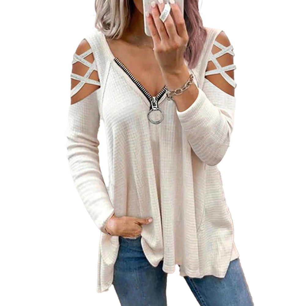 YESFASHION Solid Color V-neck Zipper Loose Tops T-shirt