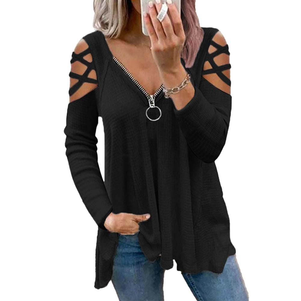 YESFASHION Solid Color V-neck Zipper Loose Tops T-shirt