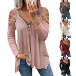 YESFASHION Solid Color V-neck Zipper Loose Tops T-shirt