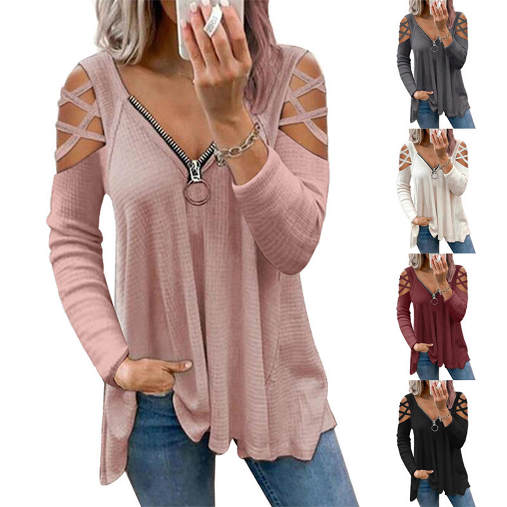 YESFASHION Solid Color V-neck Zipper Loose Tops T-shirt