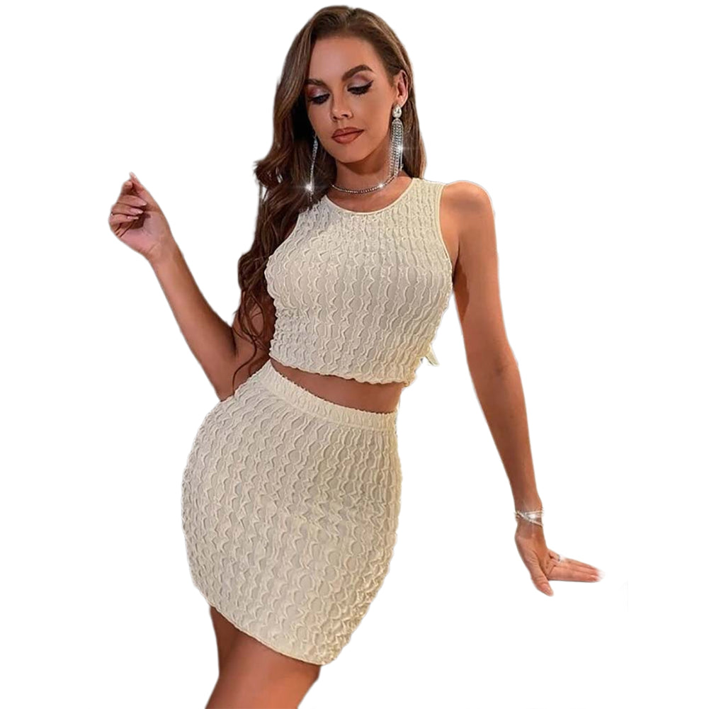 YESFASHION Round Neck Slim Vest High Waist Bag Hip Tight Skirt Suit