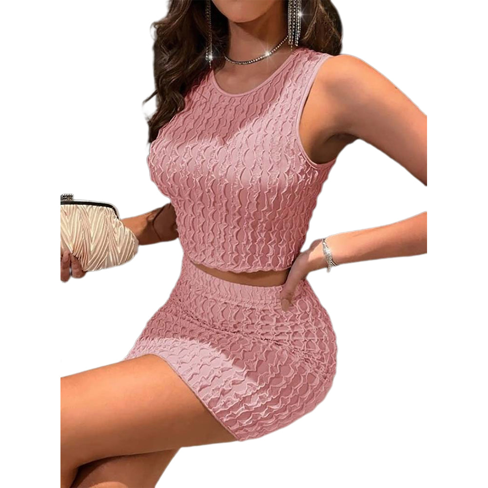 YESFASHION Round Neck Slim Vest High Waist Bag Hip Tight Skirt Suit