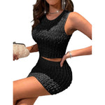 YESFASHION Round Neck Slim Vest High Waist Bag Hip Tight Skirt Suit