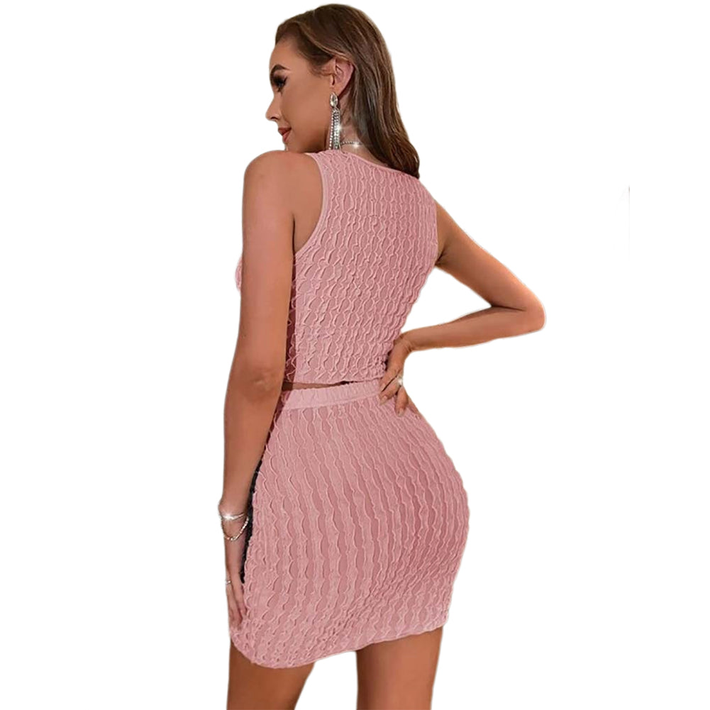 YESFASHION Round Neck Slim Vest High Waist Bag Hip Tight Skirt Suit