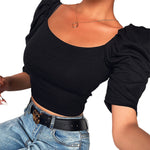 YESFASHION Women Women Simple Square Neck Puff Sleeve Tops
