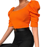 YESFASHION Women Women Simple Square Neck Puff Sleeve Tops