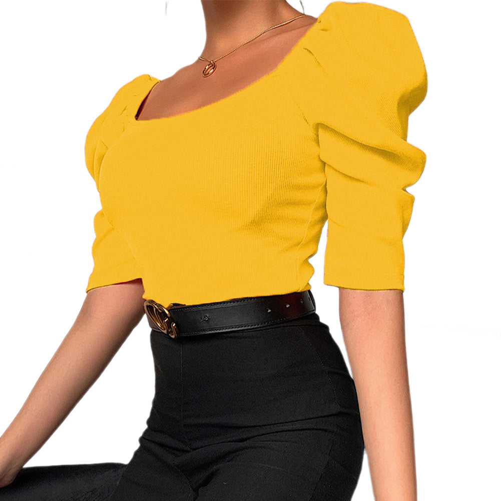 YESFASHION Women Women Simple Square Neck Puff Sleeve Tops