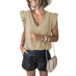 YESFASHION Solid Color V-neck Pullover Ruffled Sleeve Tops