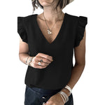 YESFASHION Solid Color V-neck Pullover Ruffled Sleeve Tops