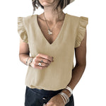 YESFASHION Solid Color V-neck Pullover Ruffled Sleeve Tops