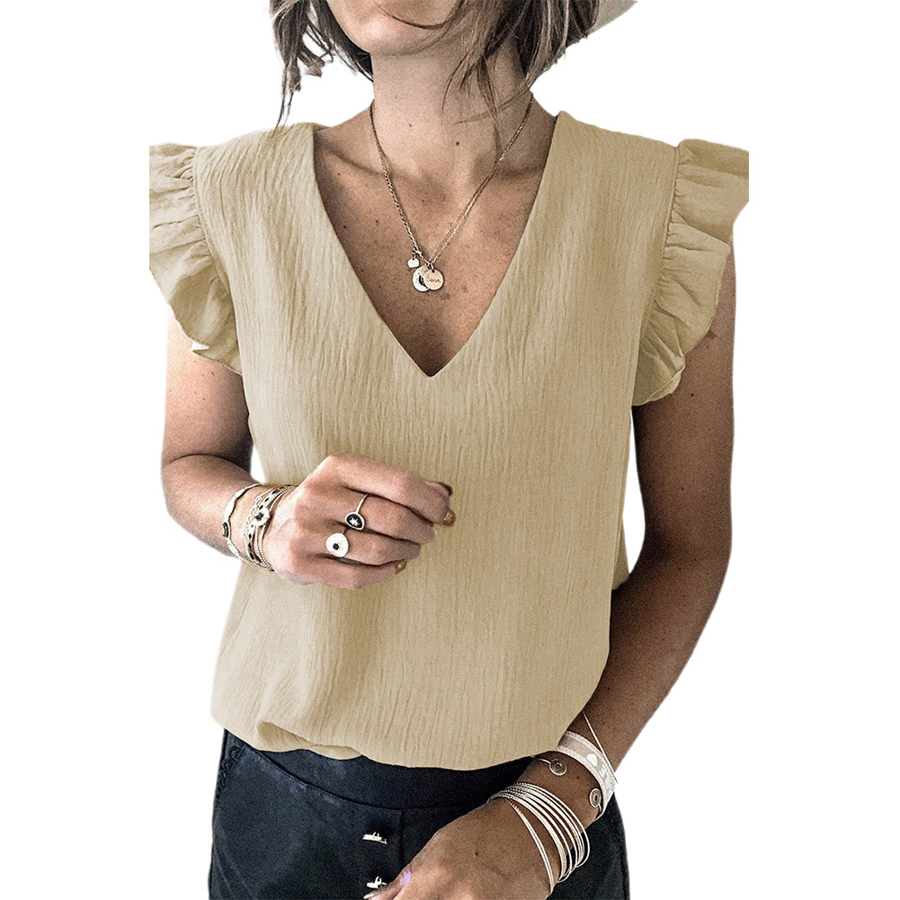 YESFASHION Solid Color V-neck Pullover Ruffled Sleeve Tops
