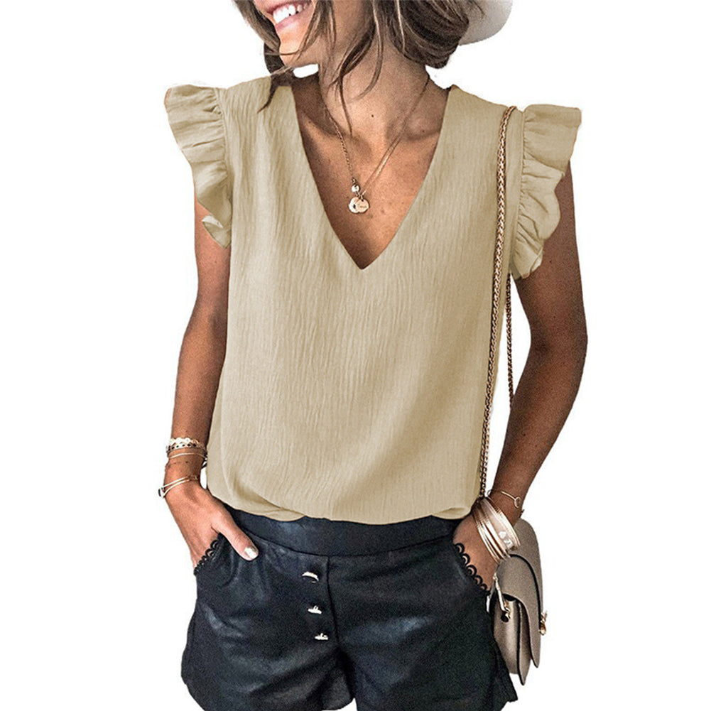 YESFASHION Solid Color V-neck Pullover Ruffled Sleeve Tops