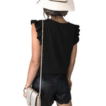 YESFASHION Solid Color V-neck Pullover Ruffled Sleeve Tops