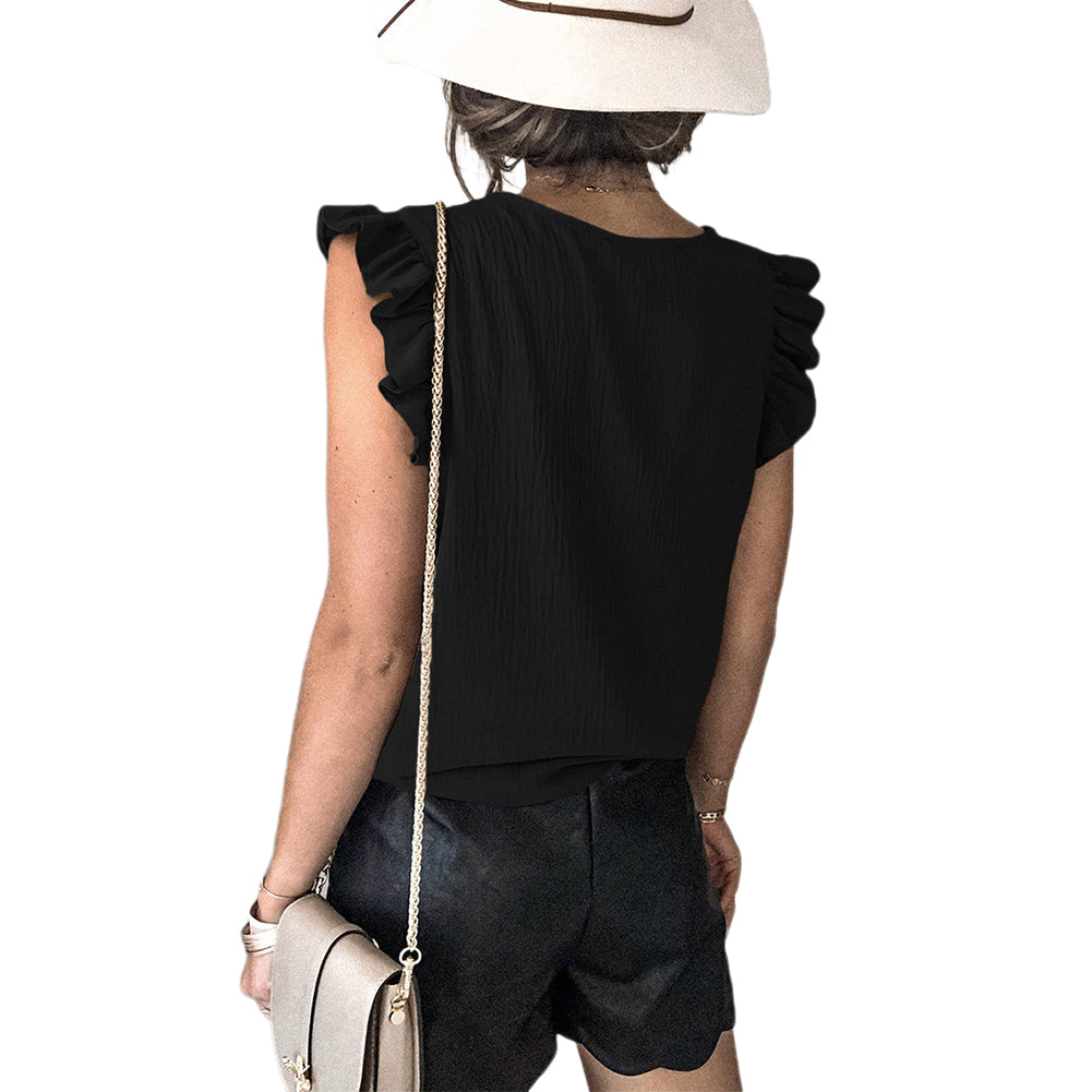 YESFASHION Solid Color V-neck Pullover Ruffled Sleeve Tops