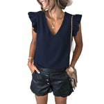 YESFASHION Solid Color V-neck Pullover Ruffled Sleeve Tops