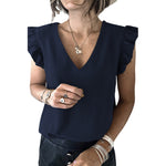 YESFASHION Solid Color V-neck Pullover Ruffled Sleeve Tops
