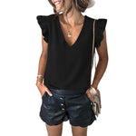 YESFASHION Solid Color V-neck Pullover Ruffled Sleeve Tops