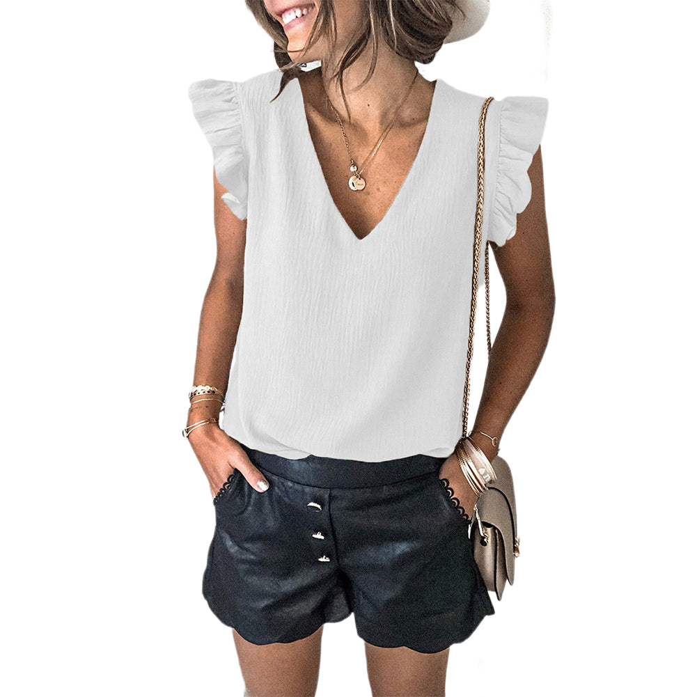 YESFASHION Solid Color V-neck Pullover Ruffled Sleeve Tops