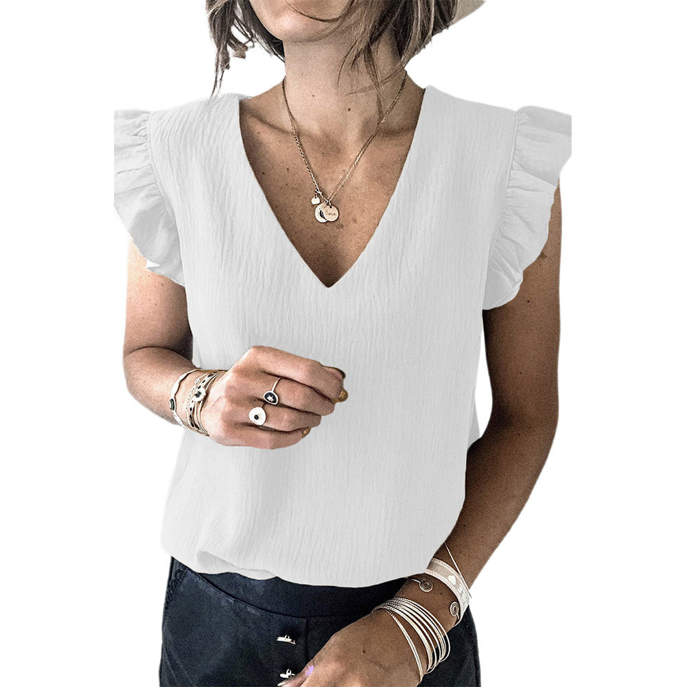 YESFASHION Solid Color V-neck Pullover Ruffled Sleeve Tops