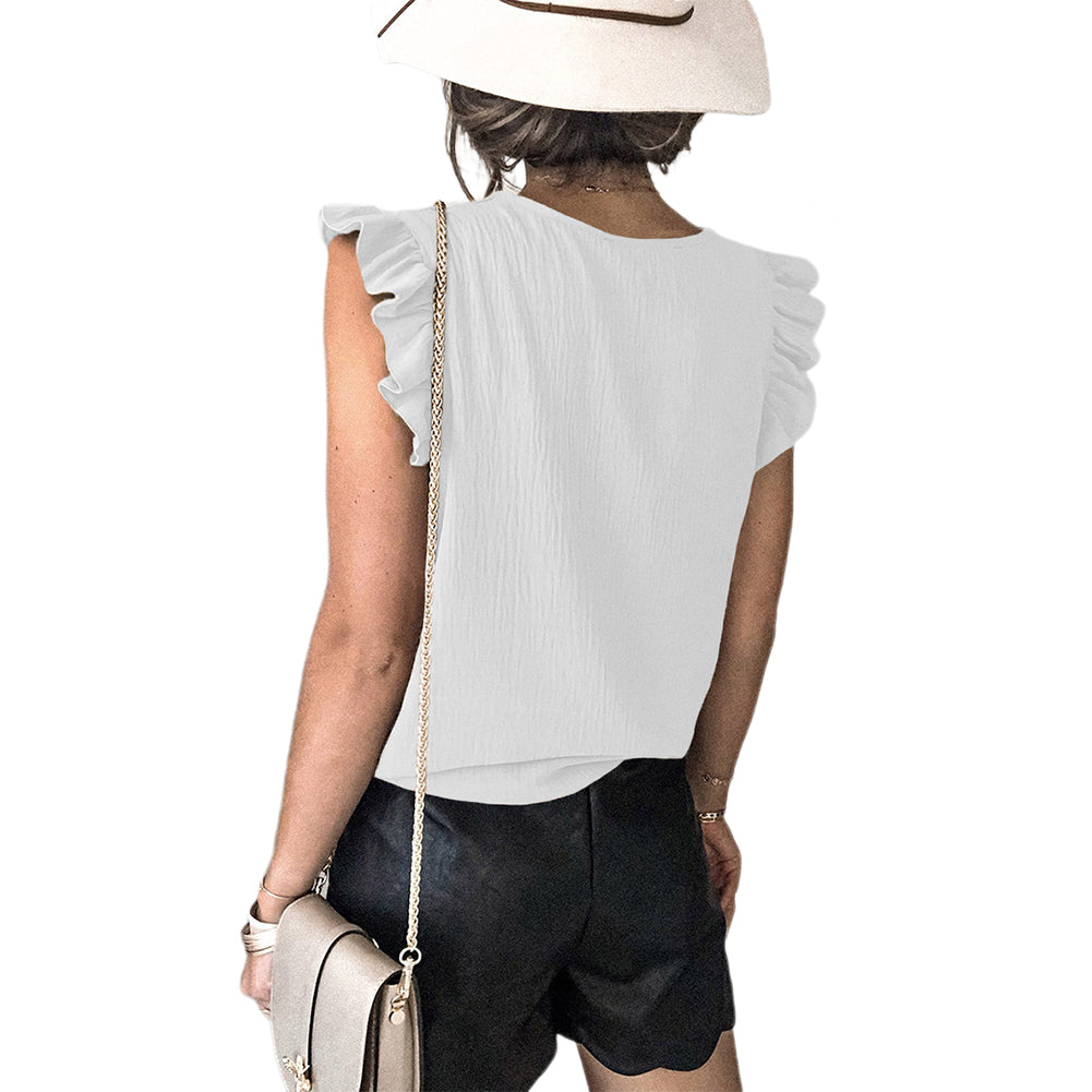 YESFASHION Solid Color V-neck Pullover Ruffled Sleeve Tops