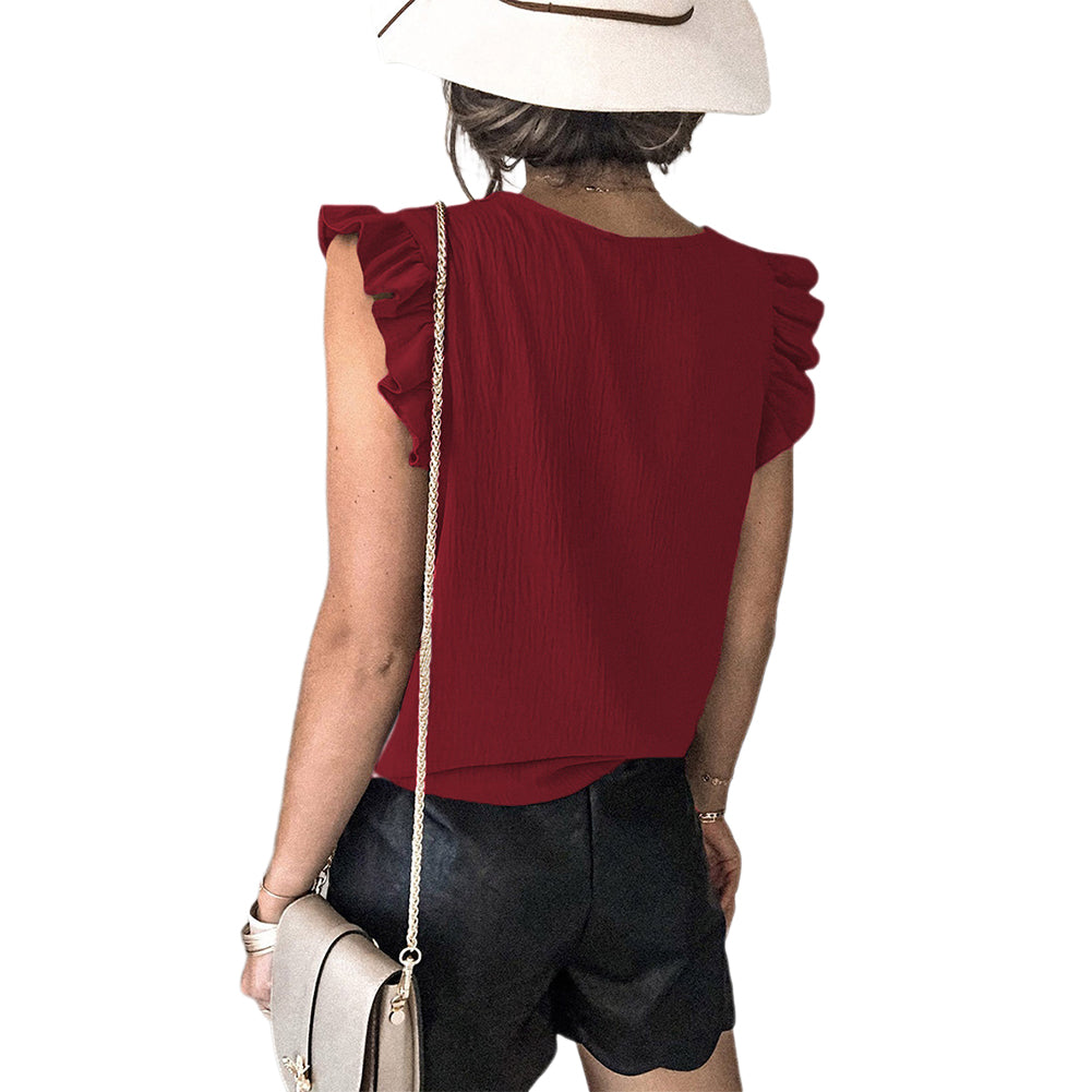 YESFASHION Solid Color V-neck Pullover Ruffled Sleeve Tops