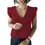 YESFASHION Solid Color V-neck Pullover Ruffled Sleeve Tops