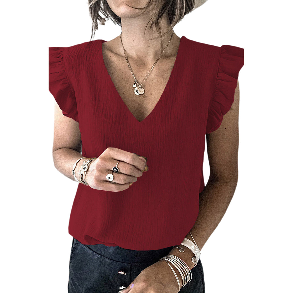 YESFASHION Solid Color V-neck Pullover Ruffled Sleeve Tops