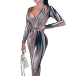 YESFASHION Feminine Personality Print Long-sleeved V-neck Dress